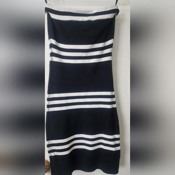 bcbg black white striped dress POSTER GIRL
